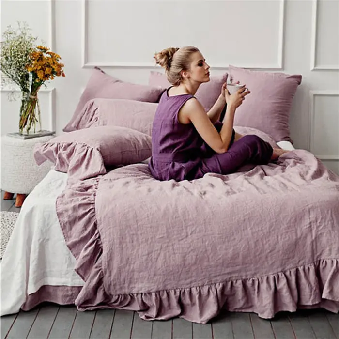 Vendita calda Biancheria Da Letto 100% Pre Lavato Puro Lino Copertura Della Trapunta del Duvet Principessa Lenzuolo Set di Biancheria Da Letto Con Foglia di Loto bordo