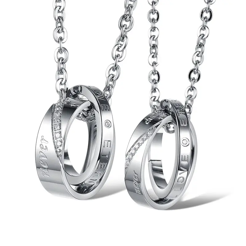 Colgante de acero inoxidable para pareja, joyería Popular, colgante de doble círculo con forma de anillo de circonita