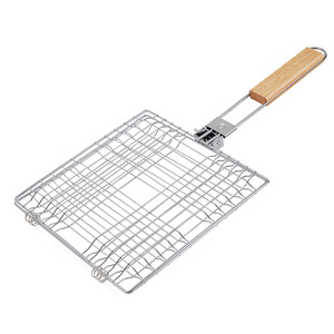 户外碳钢烤鱼夹可折叠手柄带烤盘网蔬菜烤盘网耐用金属工具 - Product Image 1