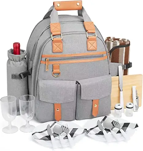 Picknick-Rucksack Tasche für 4 Personen mit Kühlraum und Weinhalter Fleece-Decke Besteck-Set für Camping Strand Tagesausflug