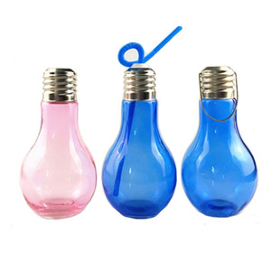 400ml500ml 800ml pink Blue Colored Custom Light Bulb <strong>Shape</strong> Yogurt Milk Tea <strong>Bubble</strong> Juice Glass <strong>Bottle</strong> with Lids and Straw - Product Image 1