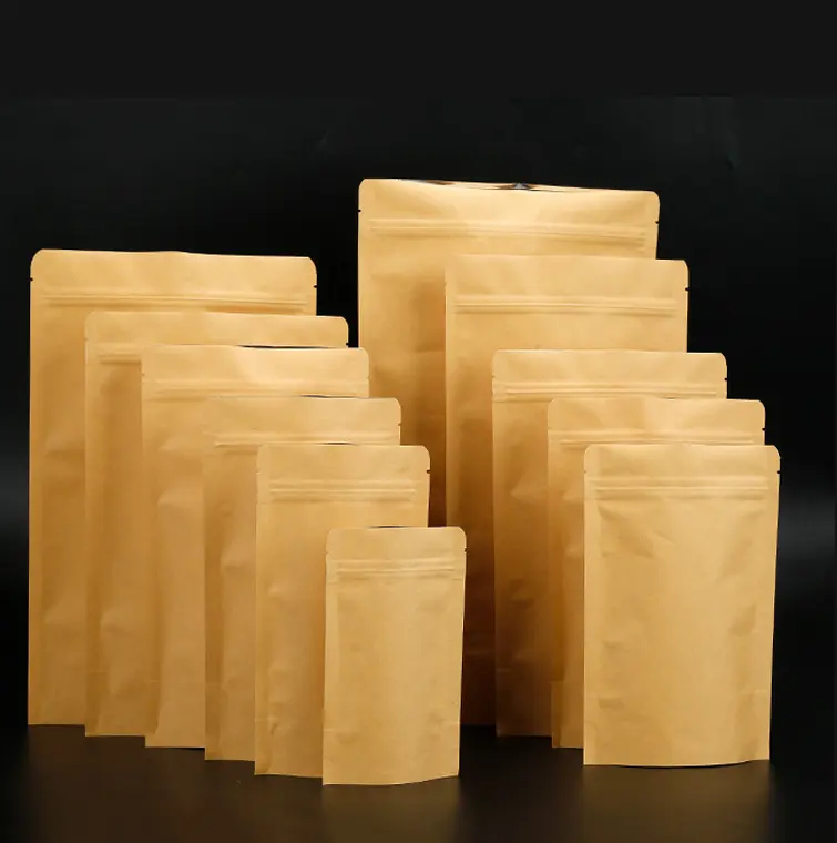 Bolsa Standup de qualidade alimentar biodegradável, saco de papel para Stand Up, janela com zíper, lanche Kraft, embalagem marrom PE Agricultura Bosheng