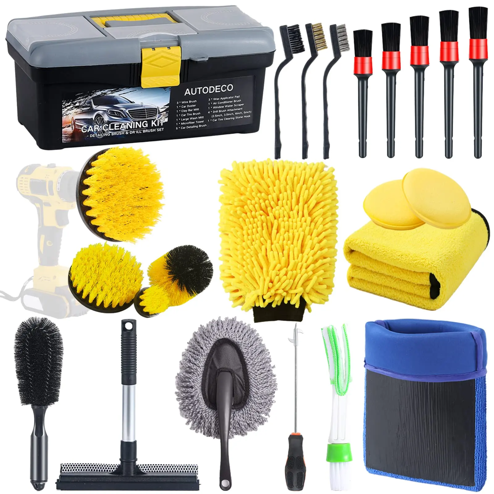 Kit de herramientas de limpieza para lavado de coches, 23 Uds., para interiores, exteriores, toallas para neumáticos, cepillo para taladro, juego de raspador de ventana con caja, equipo de lavado de coches