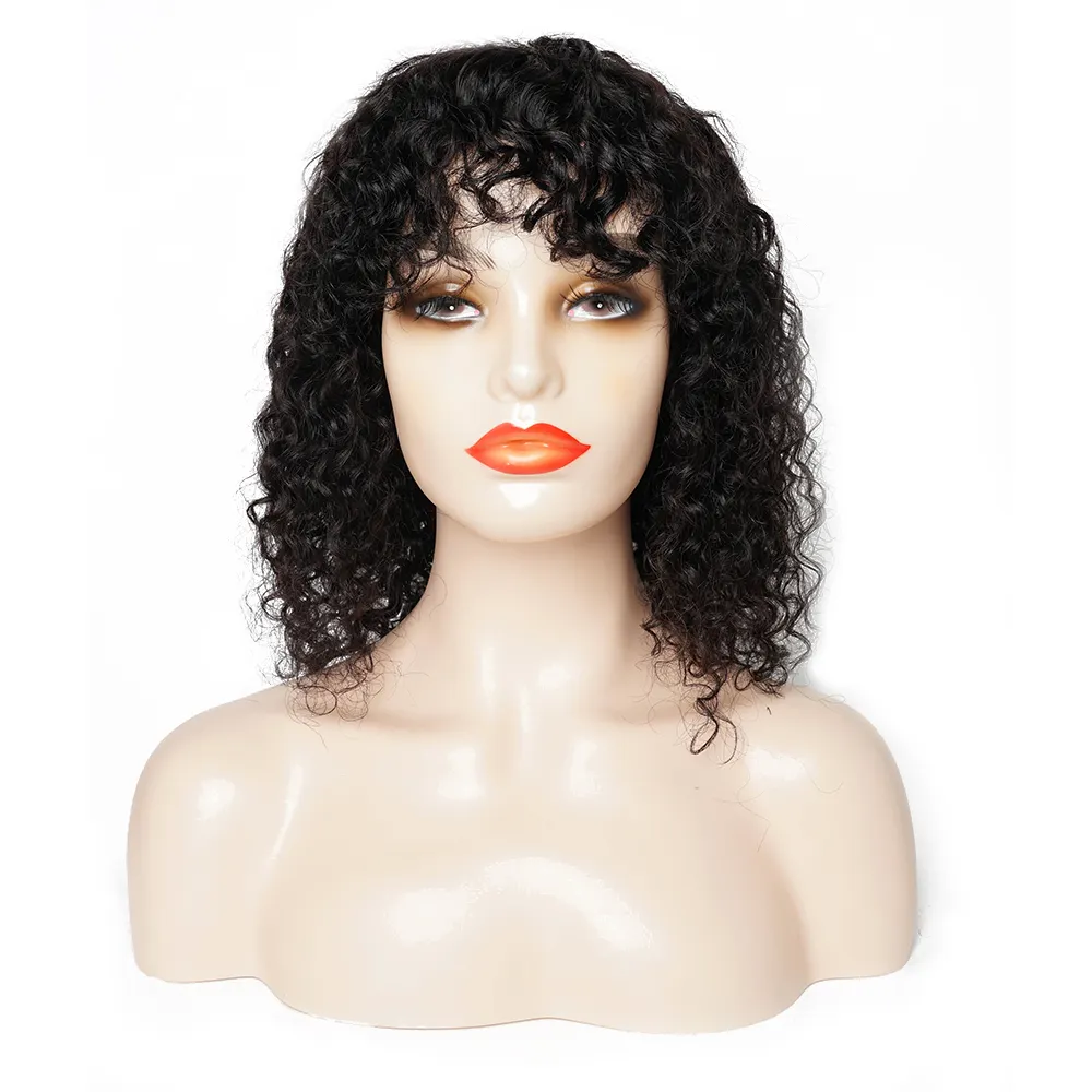 Parrucche ricciolo corto con frange di capelli umani brasiliani all'ingrosso di nuovo stile, parrucche di nuovo stile per donne nere