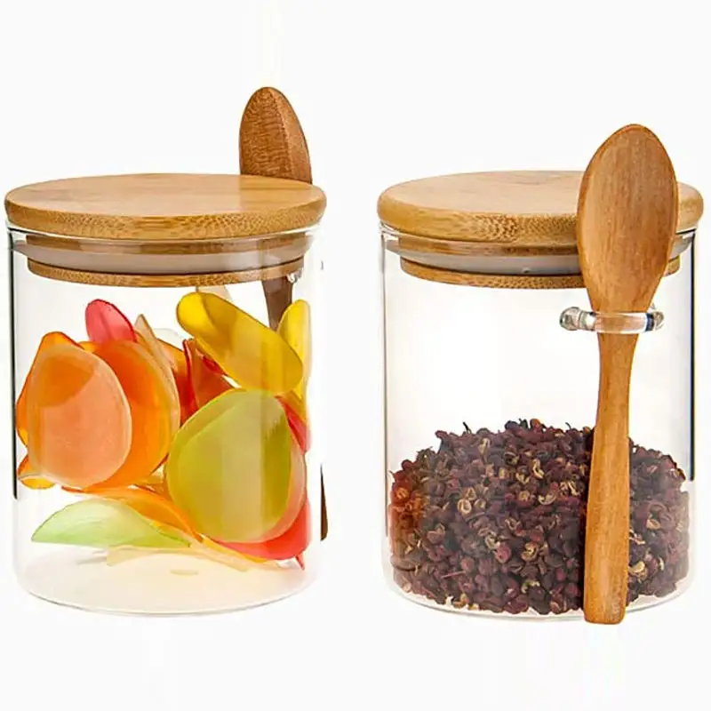 Verrerie de cuisine soufflée à la main 15oz 450ml pot à épices rond en verre borosilicate transparent sans danger pour les aliments avec couvercle et cuillère en liège et en bois de bambou