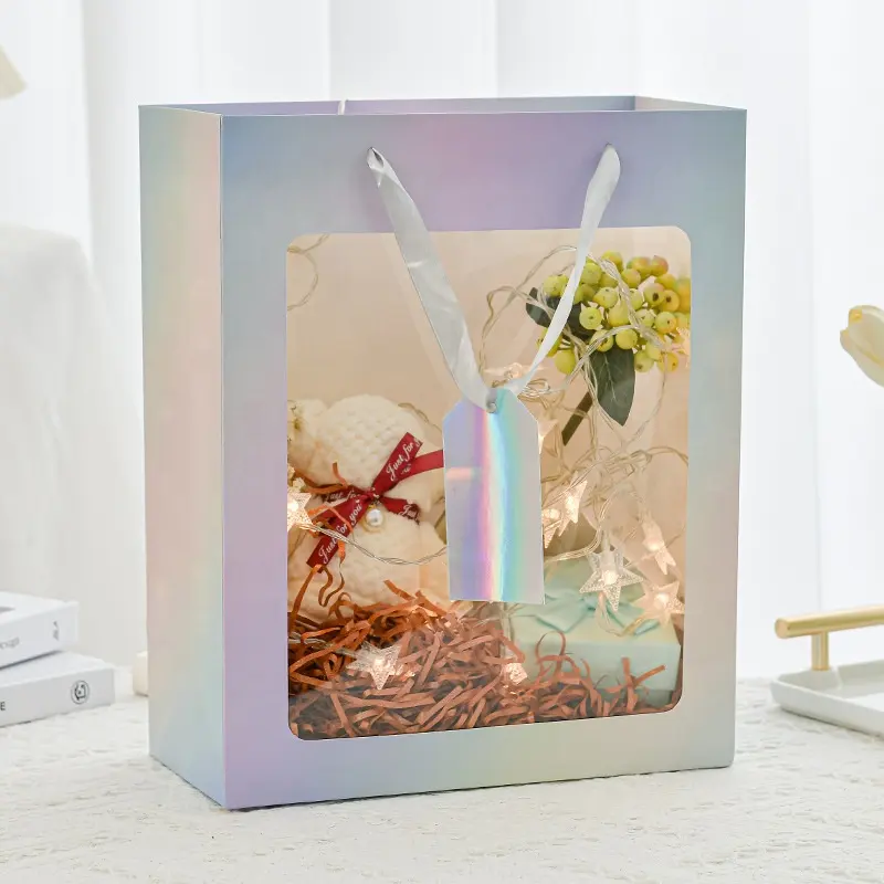 סיטונאי מתנה שקית נייר אריזת שקית נייר עם חלון שקוף קניות יום הולדת סיום שקיות בגדים ממתקים