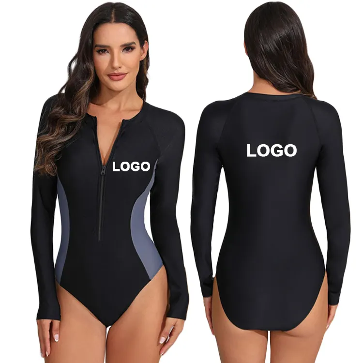 Maiô esportivo feminino com zíper de manga longa, roupa de praia, protetor solar conservador, roupa de banho para surf, 1 peça, exclusivo