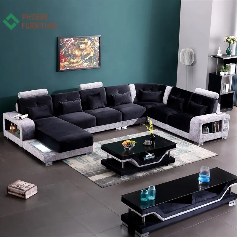 Black velvet living room furniture sets sofas y sillones set designs with USB & louderspeaker