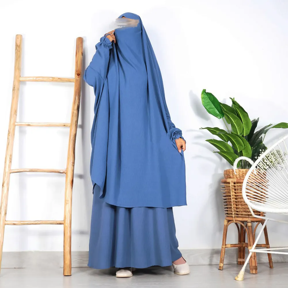 Hai Mảnh Jilbabs Với Váy Khimar Hồi Giáo Hồi Giáo Quần Áo Crepe Cầu Nguyện Abaya Ruffle Cuff Với Dây Cho Ngón Tay