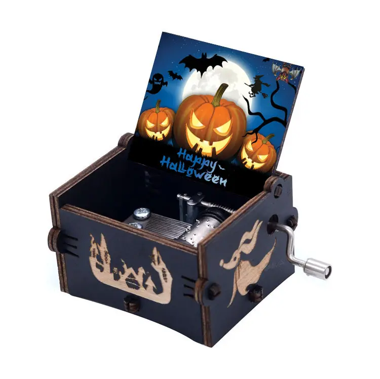 Caja de música de madera con grabado láser de manivela de calabaza de Halloween pintada de color personalizado
