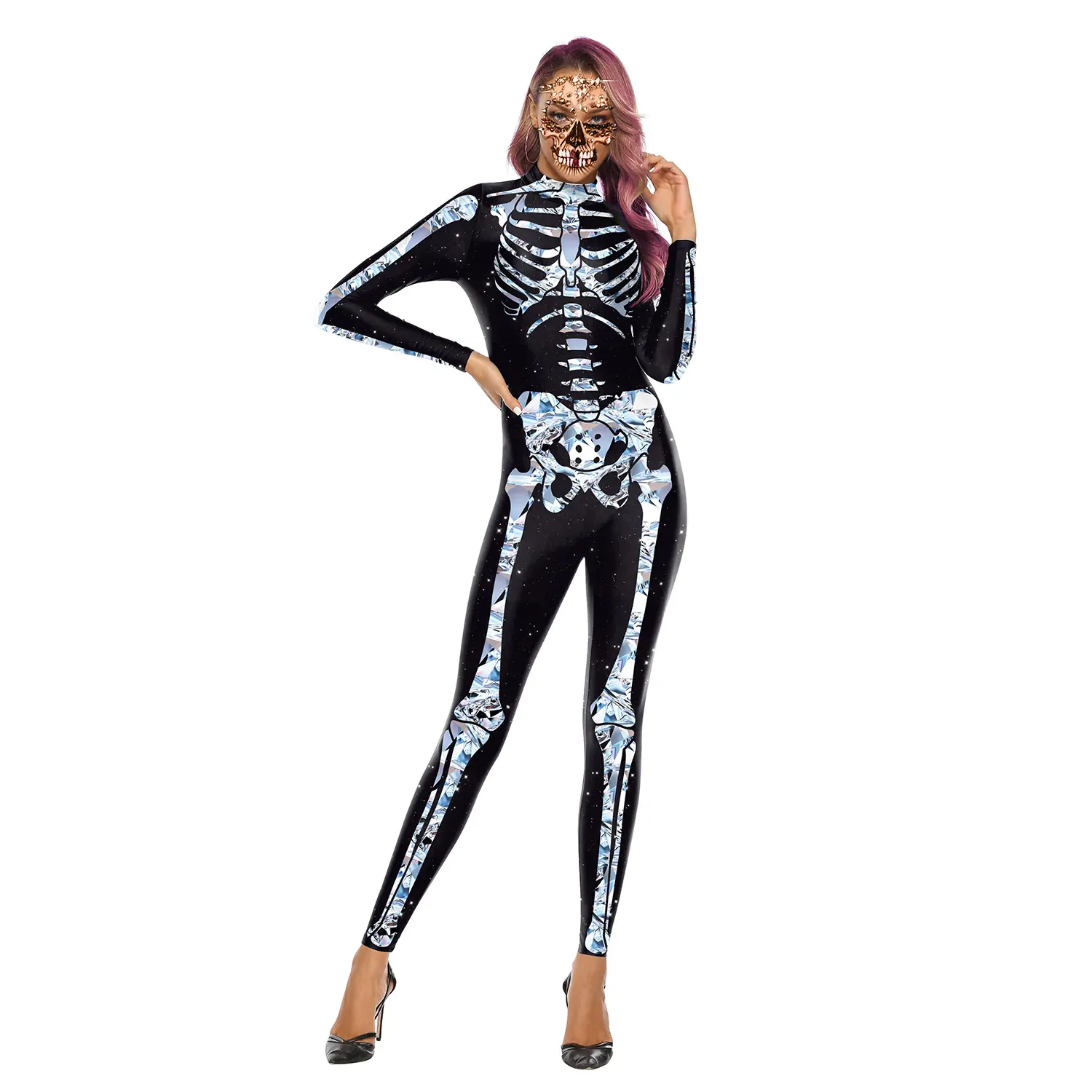 2022 Hot Sale Bodysuit Halloween Kostüme für Frauen 3D-Druck Rose Skeleton Jumps uit Plus Size Cosplay Kostüm