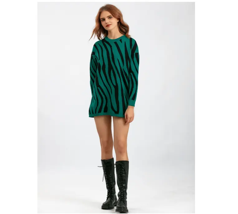 Jersey de punto a la moda con nuevo patrón de cebra para mujer al por mayor, suéter largo de punto, suéter informal de otoño