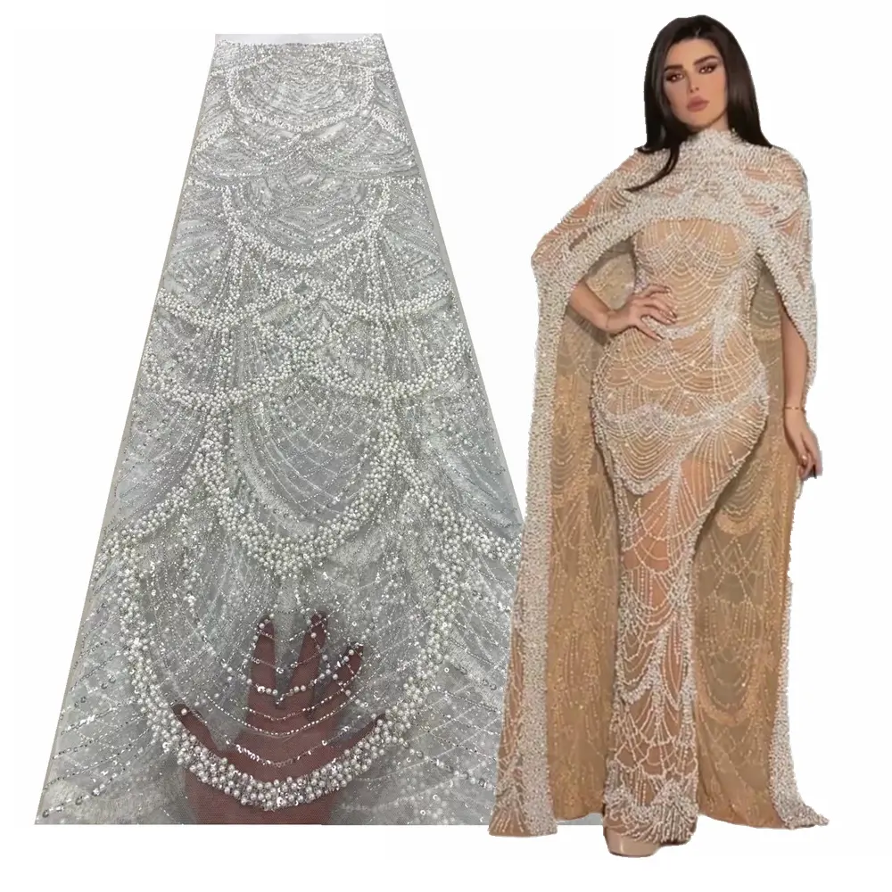 Europeu desfile de moda design personalizado pesado frisado lantejoulas nupcial casamento vestido de noite tule malha luxo pérola frisada tecido do laço