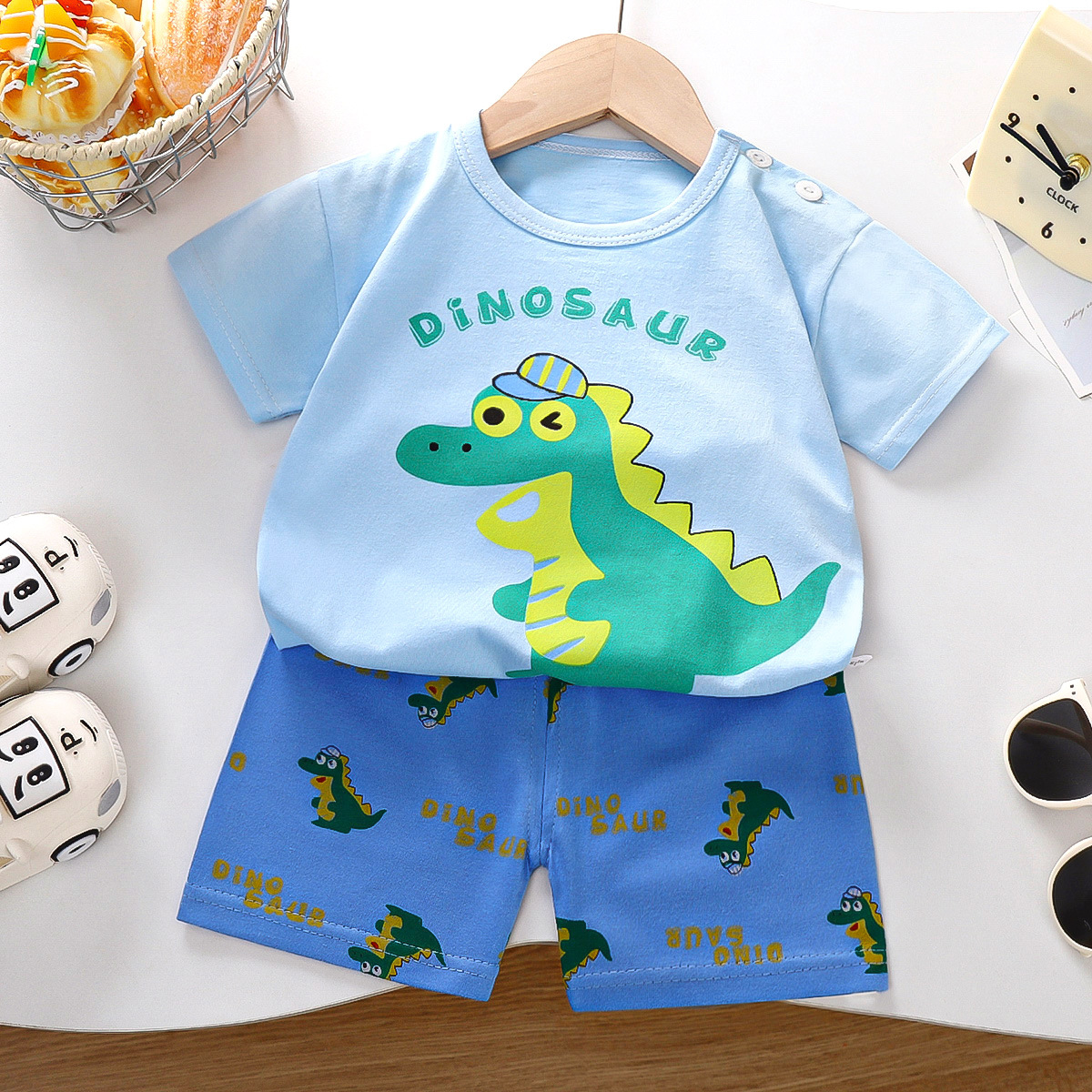 Costume à manches courtes dinosaure bleu vert Z-10