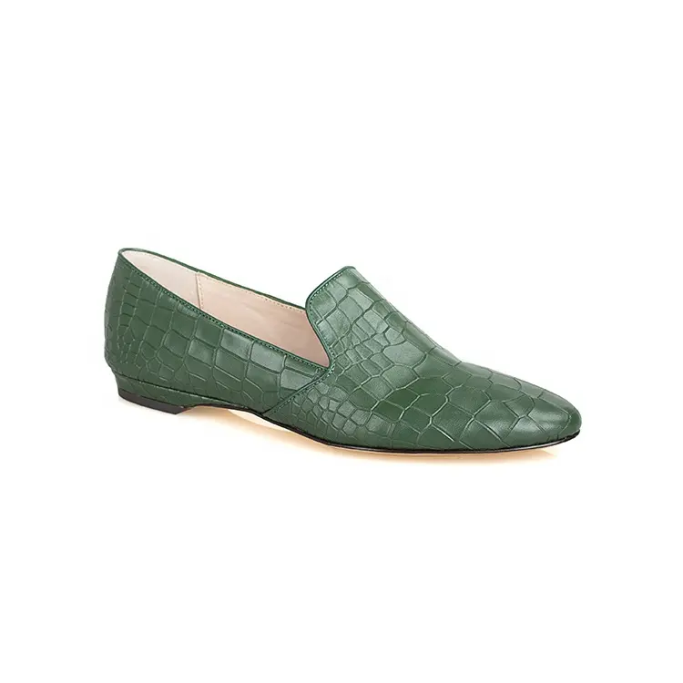 Zapatos planos de cuero de cocodrilo verde en relieve para mujer, zapatillas clásicas de exterior, planos de bloque