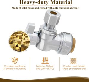1/2 "x 3/8" OD วาล์วหยุดมุมการบีบอัดสำหรับ PEX, ทองแดง, ท่อ cpvc และท่อน้ำ, ผลักดันเพื่อเชื่อมต่อข้อต่อท่อประปาทองเหลือง - Product Image 3