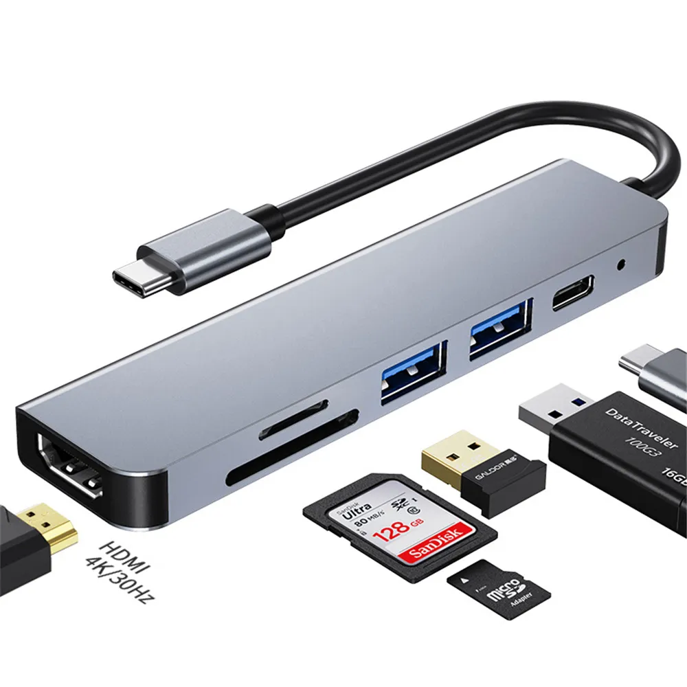 Leitor de cartões 6 em 1 usb, leitor de cartão multiporta usb tipo c 4k hdmi usb3.0 tf pd sd, tudo em um para computador, acessórios