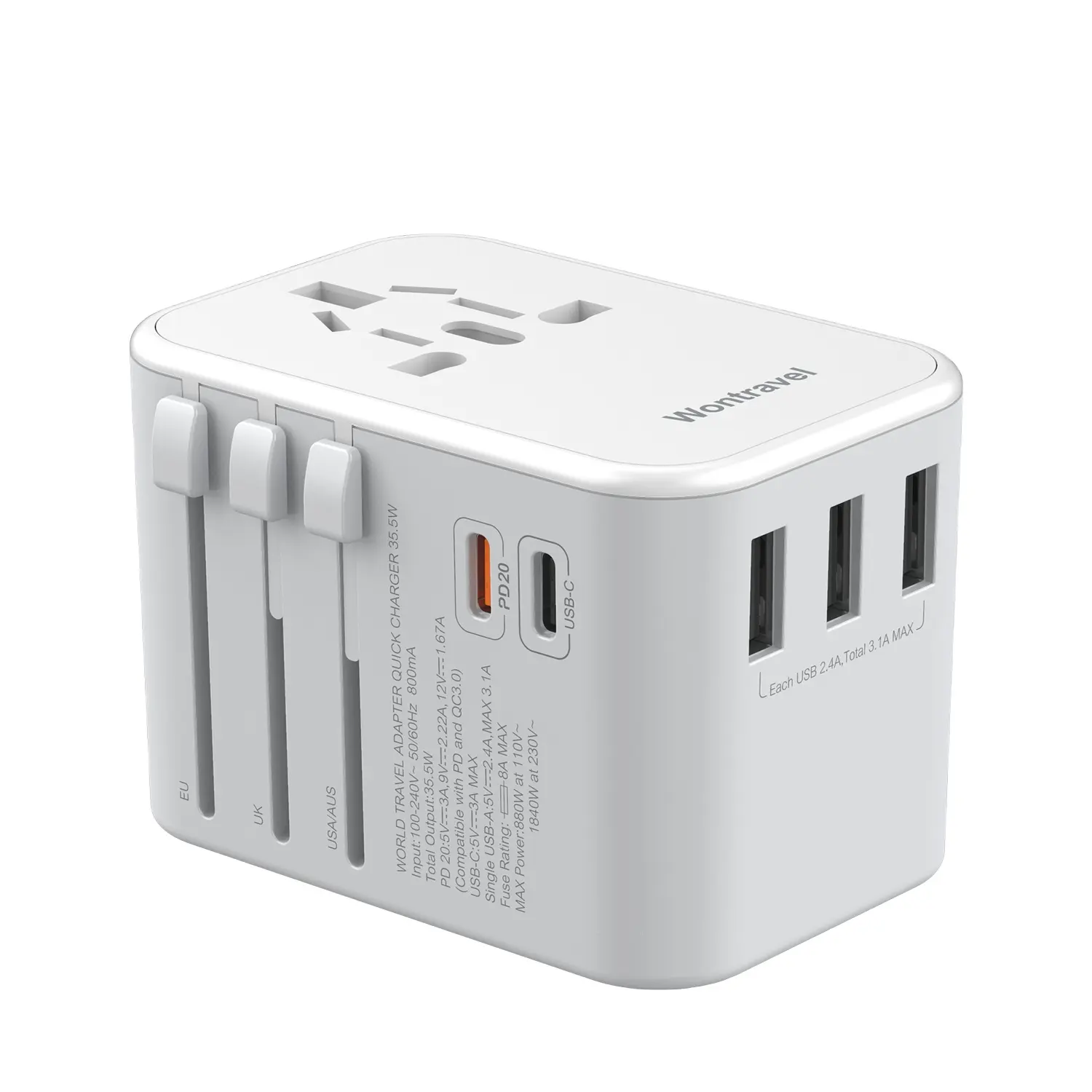 Wontravel Pengisi Daya Cepat 35.5W PD Adaptor Perjalanan Dunia Steker Universal Internasional dengan 3 Port USB dan 2 Tipe C