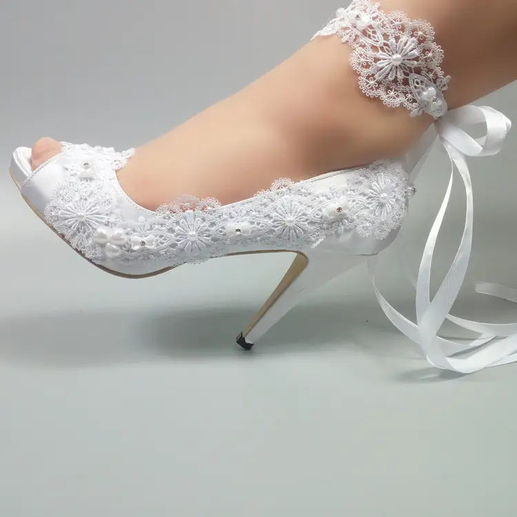 Tacchi sottili bianchi 8cm scarpe da sposa in pizzo perlato scarpe da sposa eleganti bocca di pesce scarpe da sposa in pizzo bianco perla