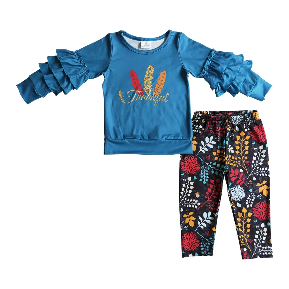 Kleinkinder Outfits Blaue Rüschen Langarmhemd Dankbares Thanksgiving Kinder kleidung Mädchen Hosen Sets Baby Kinder kleidung