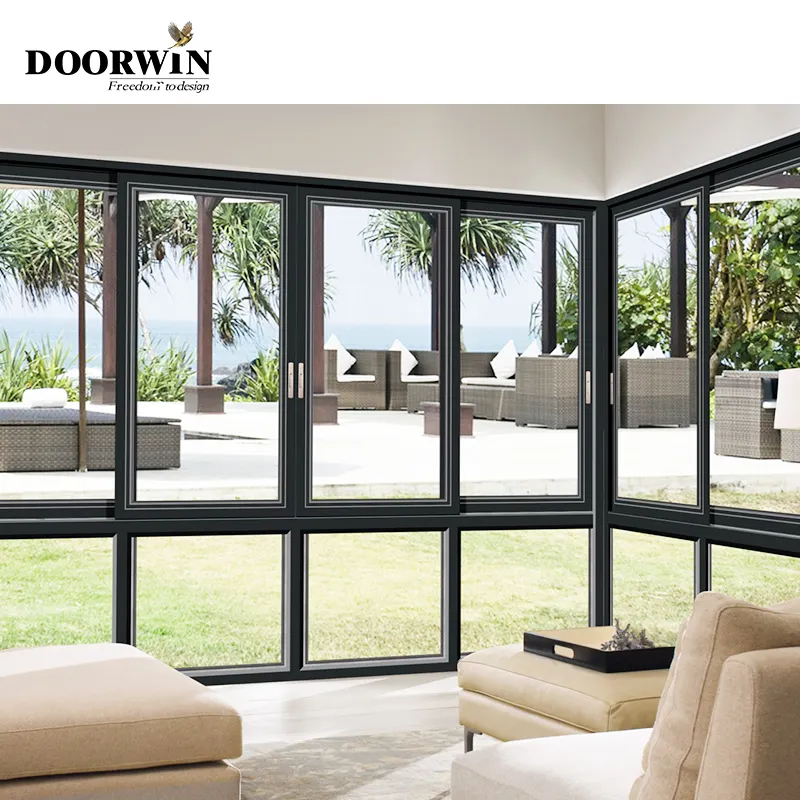 Doorwin-ventanas de vidrio templado para el hogar, ventanas de aluminio de doble acristalamiento, de alta eficiencia energética, 3 pistas deslizantes, estilo americano