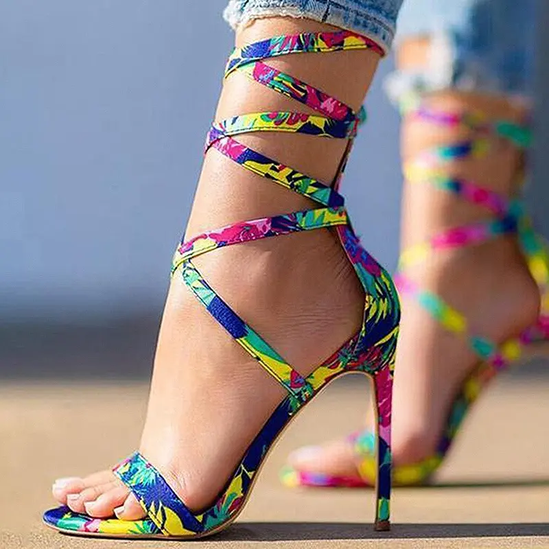 Sandálias de salto alto sensual femininas, sandálias de salto alto multicolor com amarração para mulheres, 2023