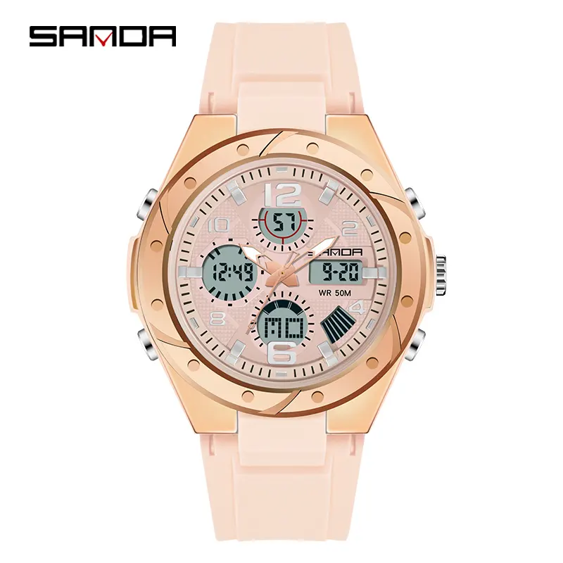 SANDA นาฬิกาดิจิตอลสำหรับเด็กผู้หญิง,นาฬิกาข้อมือกีฬาเรืองแสงเรียบง่ายกันน้ำปฏิทินสีชมพูปี6062