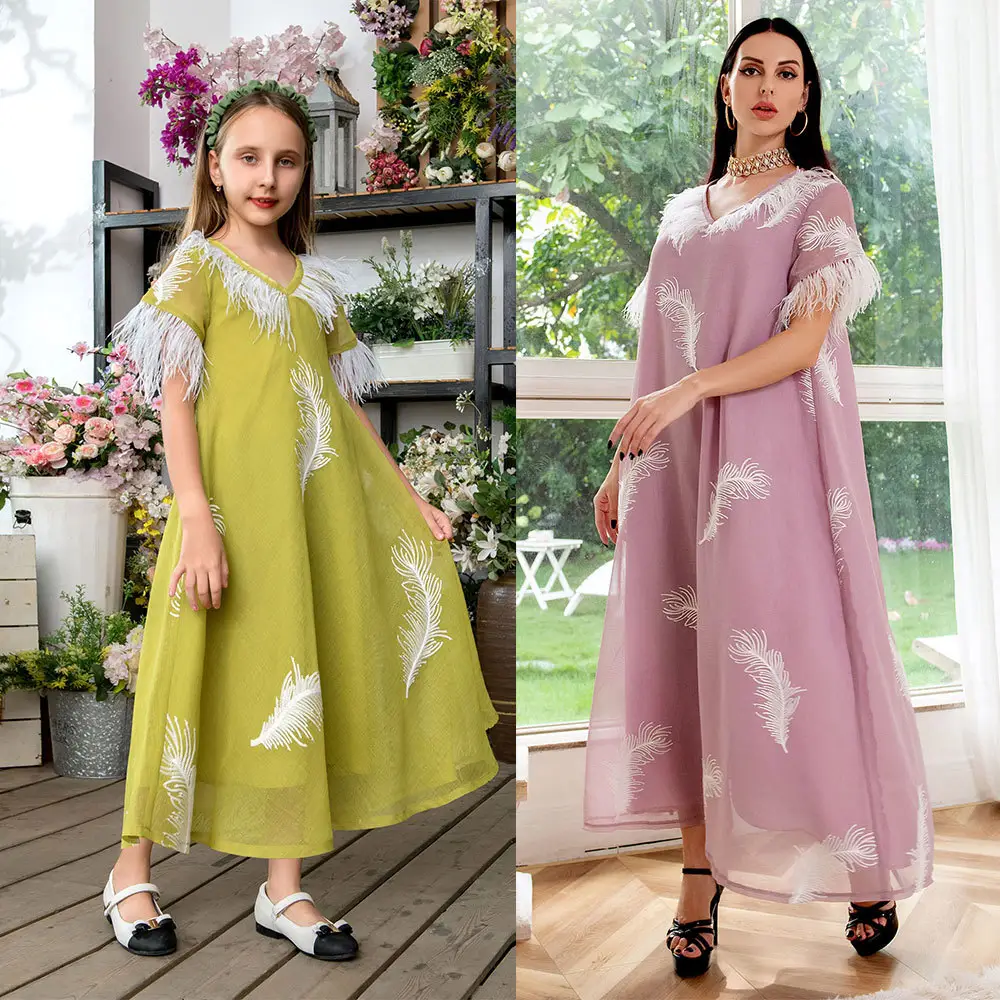 Vêtements élégants de style princesse pour enfants Robe abaya parent-enfant pour fille de 12 ans Abaya islamique en satin pour l'Aïd