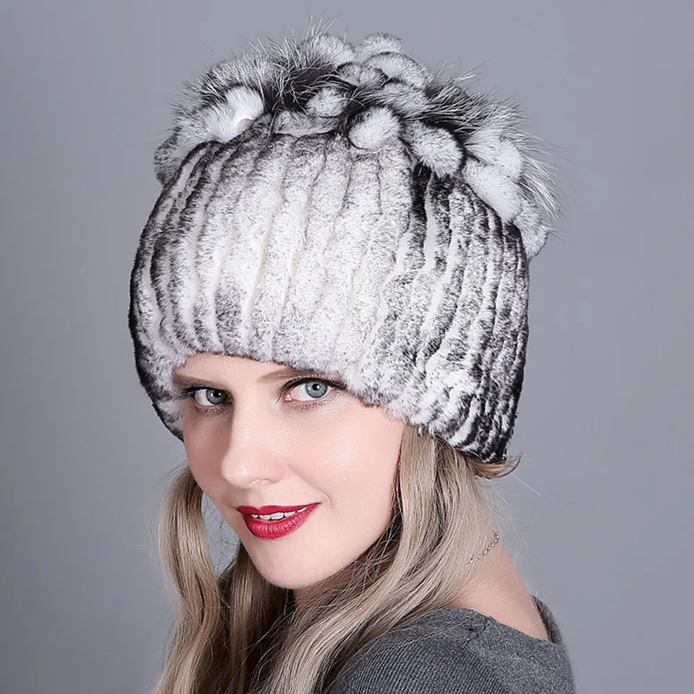 Topi bulu wanita musim dingin mode kustom topi Beanie Earflap Ski wanita hangat jahit tangan topi bulu bulu mink asli rajutan dengan fox fu