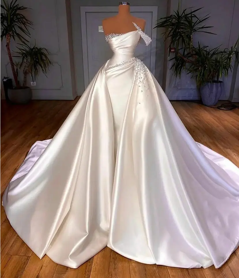 فستان زفاف من الساتان Mumuleo أنيق عتيق بكتف واحد لآلئ فساتين زفاف العروس أبيض عربي دبي Vestido De Noiva