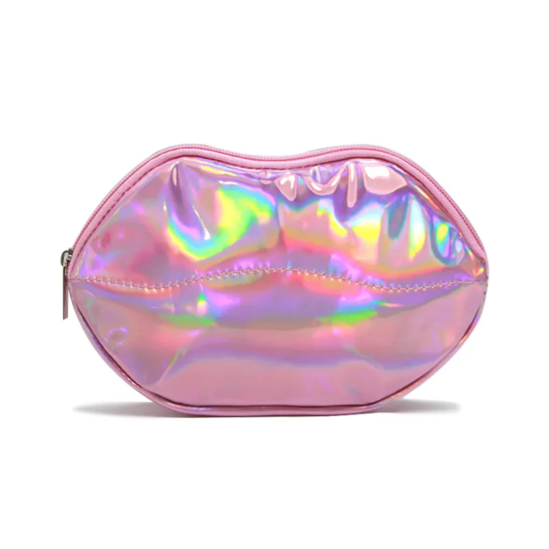 Bolsa de cosméticos personalizada em forma de lábio, bolsa de maquiagem à prova d'água lisa para viagem, de pvc