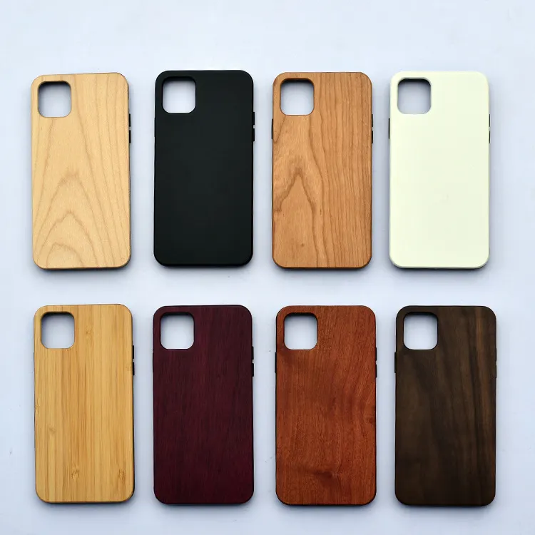 Funda de teléfono de madera de bambú a prueba de golpes con patrón OEM personalizado, funda de teléfono de madera de sublimación para iPhone Max, funda de metal y madera