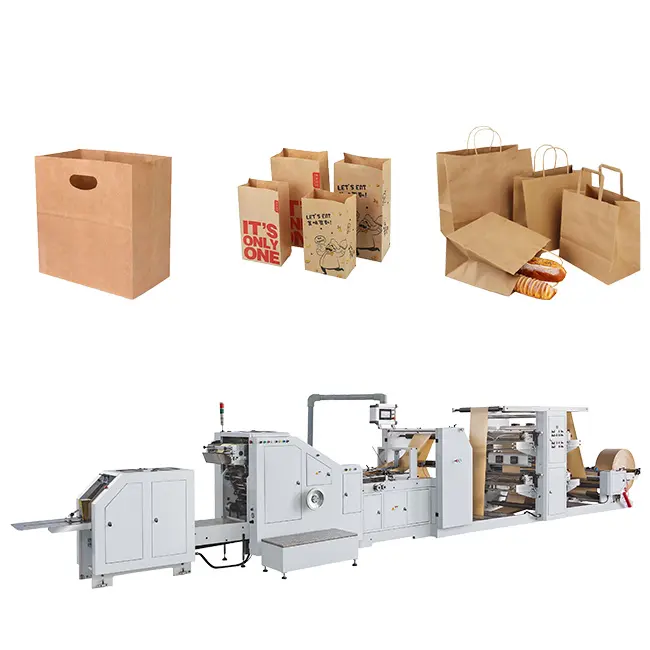 Машина для изготовления бумажных пакетов с квадратным дном и 4 вида цветов флексографской печатью, длина 160-180 мм, скорость 120 м/мин