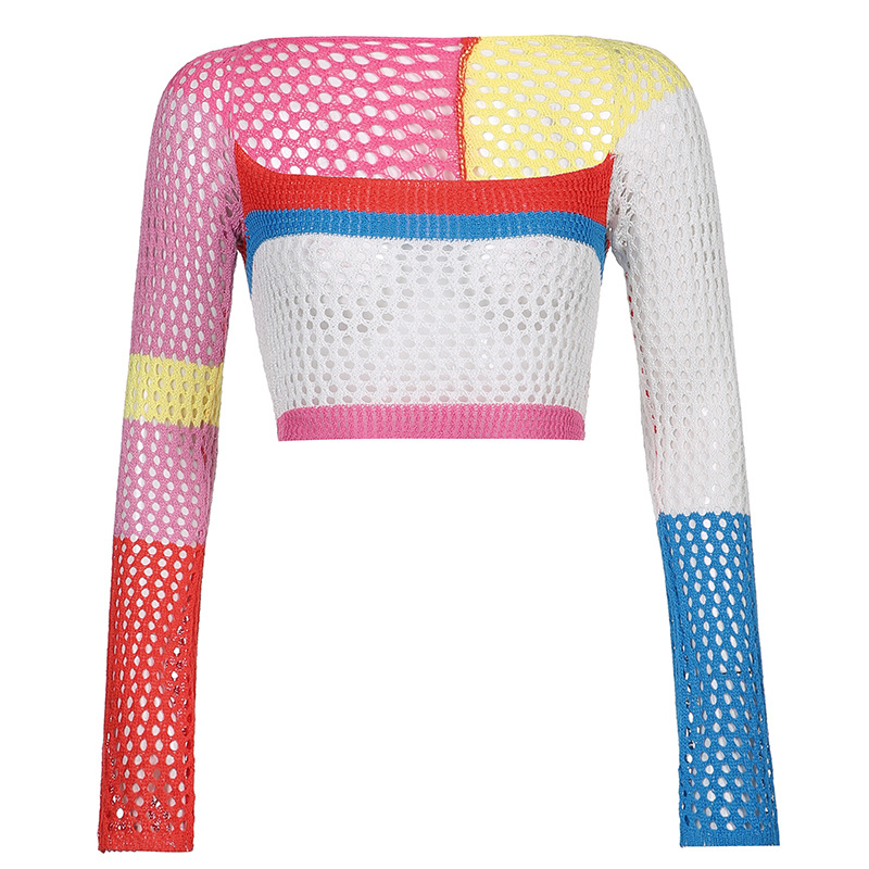ZJ1327 Knitted Long Sleeve Crop Top Women Beach Y2K Autumn Summer Patchwork Vintage Green Casual T Shirts Sexy Fashion
