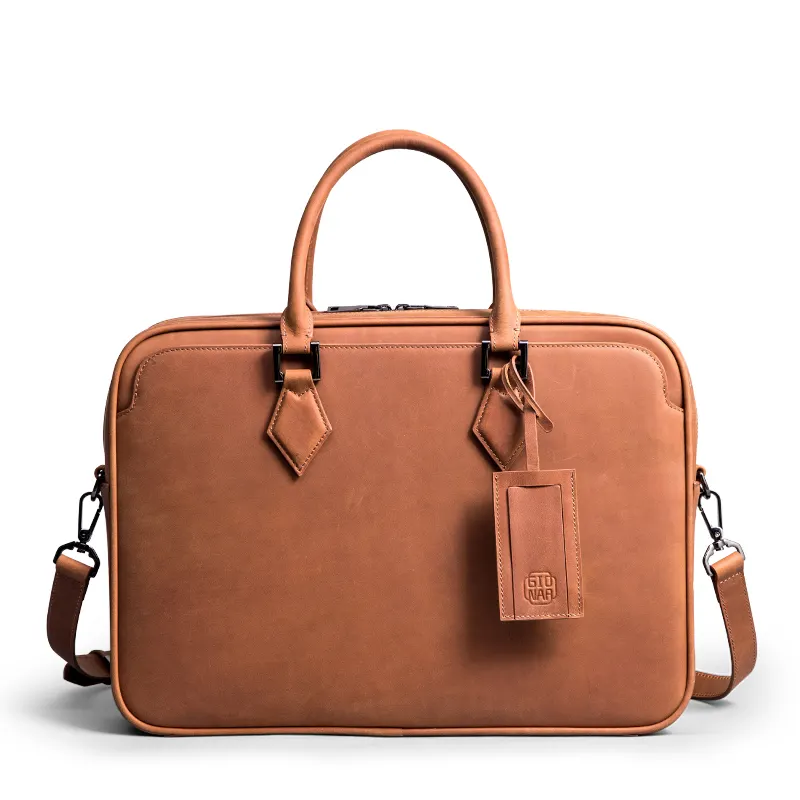Gionar Designer High Quality Crazy Horse Leather Men's Brown Color OEM Briefcase Large Laptop Bag