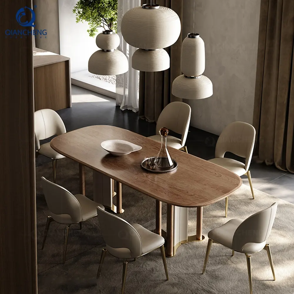 Mesa de comedor de madera para 12 personas, mueble de cocina italiano, minimalista, moderno, con base de cuero y acero inoxidable dorado