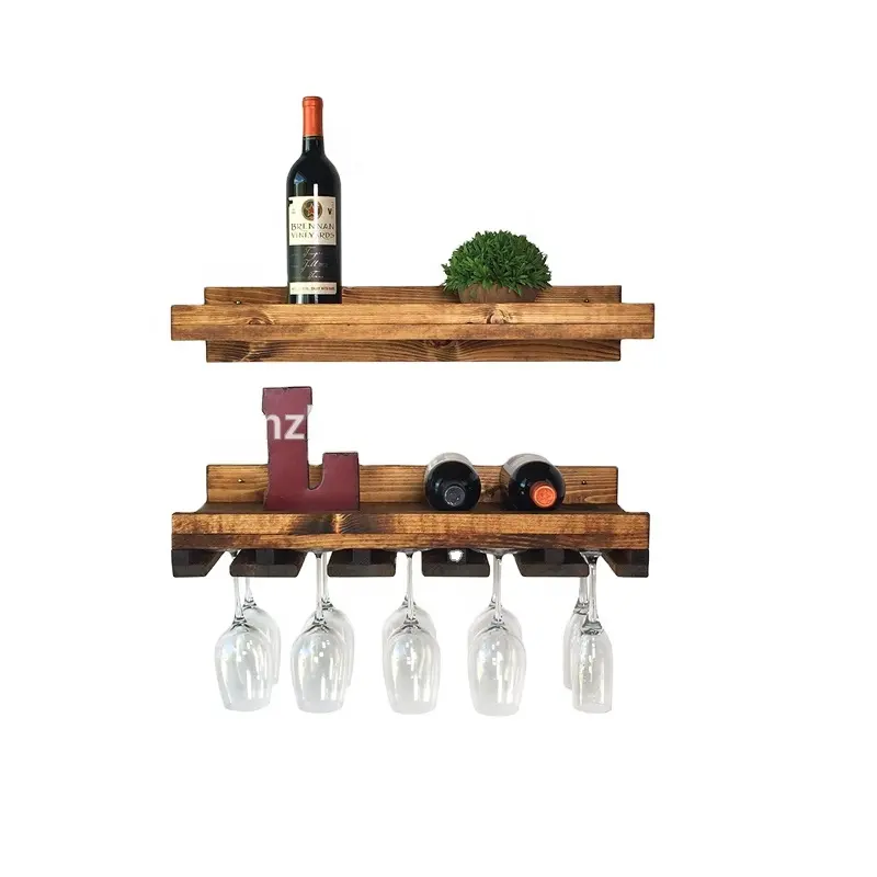 Estante de madera para botellas de vino montado en la pared, soporte de vidrio, estante flotante para vino y estante de vidrio montado en la pared, juego de botella de copa de vino, colgar ella