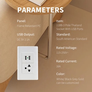 南美标准现代电源插座15A 110-250V pc板单电源插座，带2个USB - Product Image 2