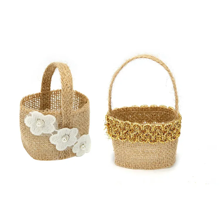 En gros Dernière Conception Vintage Écologique Petit Linge De Mariage Décoration Faveur Fleur Bonbons Cadeau Sac Panier Avec Dentelle