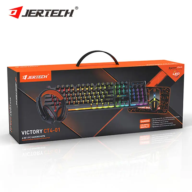 JERTECH Brand Custom CT4-01 accessori di gioco 4 in 1 Set auricolare Mousepad LED retroilluminato tastiera da gioco e combo Mouse
