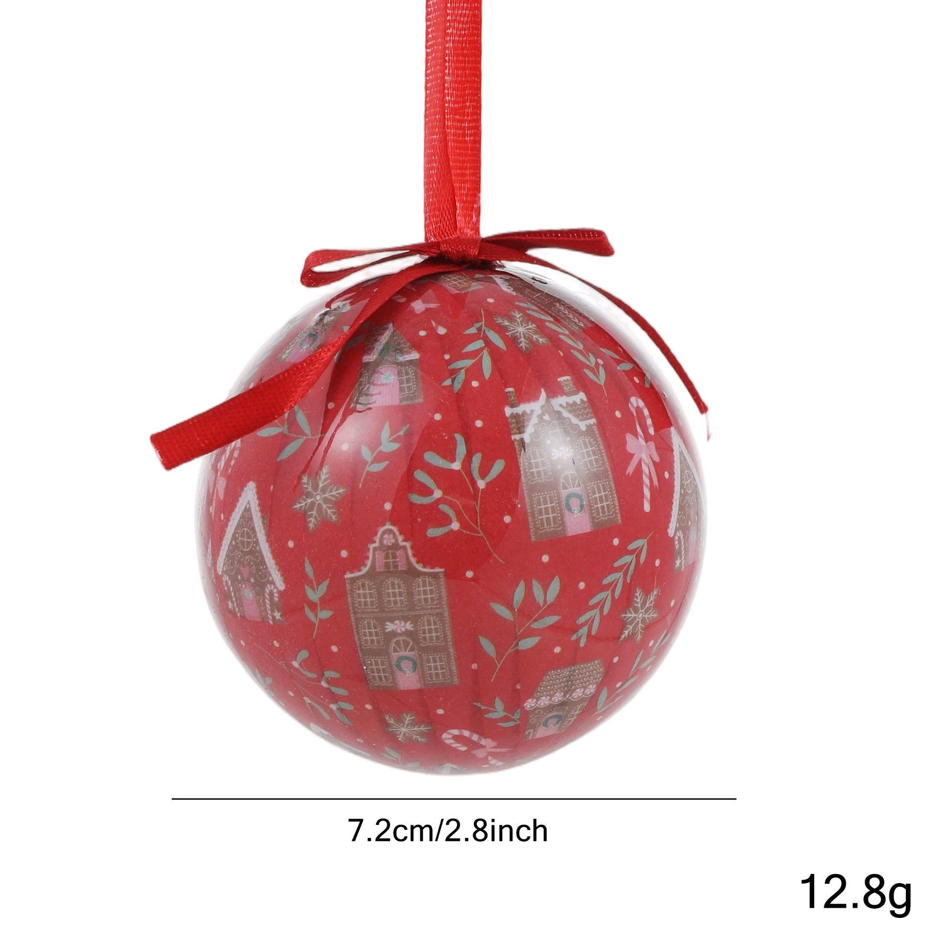 Boule de Noël rouge vif avec maison en pain d'épices et flocon de neige imprimé