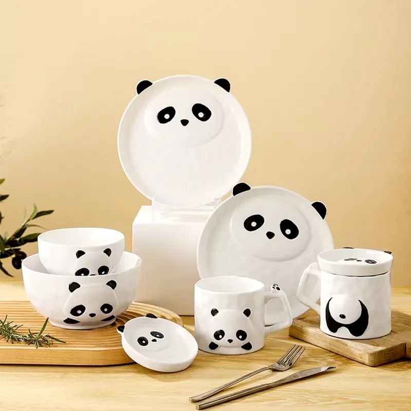 Wholesale Ceramic Cartoon Panda Combination Porcelain Tableware Dinner Set