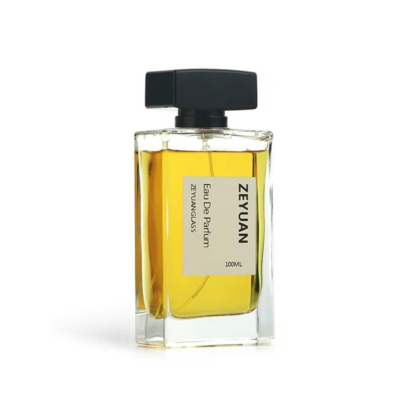 Botella de Perfume cuadrada de 100ml de alta calidad, fondo grueso, transparente, vacío, espray de engarce de vidrio de lujo con tapa negra de plástico