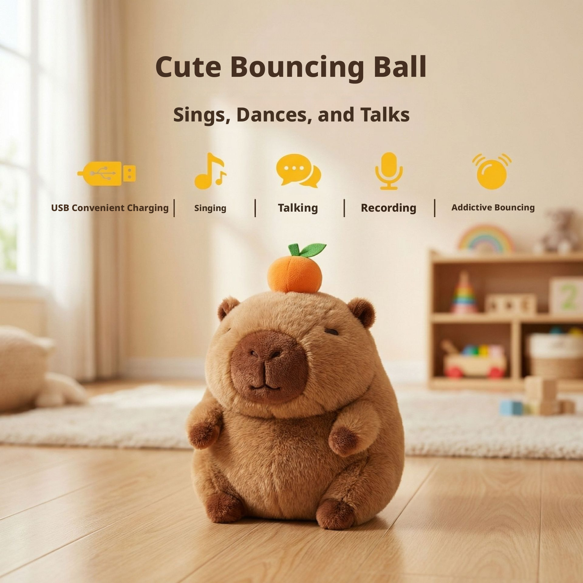 rechargeable bounce ball-peach-colored capybara with usb cable