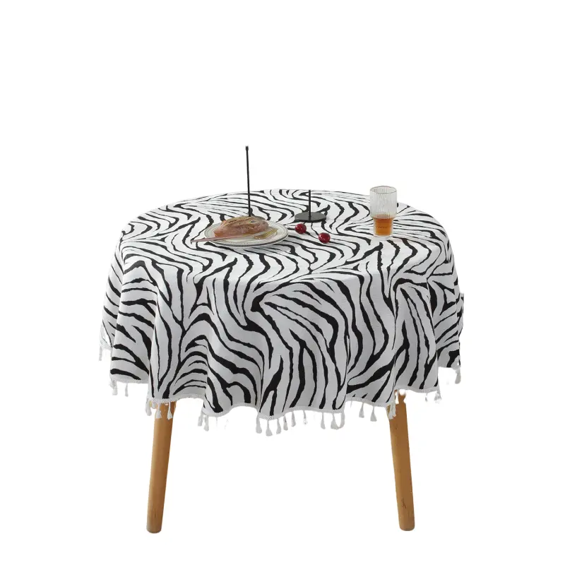 Round Zebra Stripes Contrast Color Tablecloth White Tassel Table Cover Table Cloth Home Dinning Table Decoration