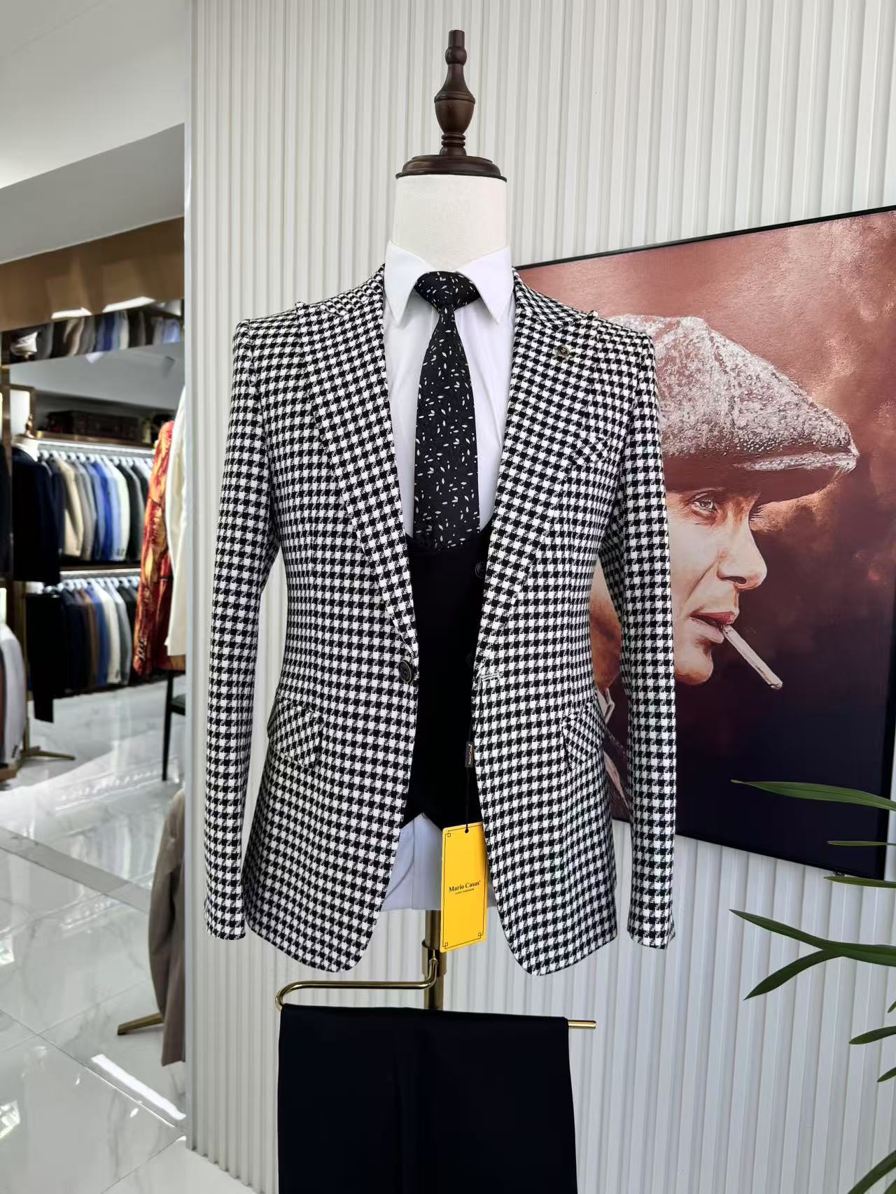 White&Black-3pcs/set-Jacket + vest + pants