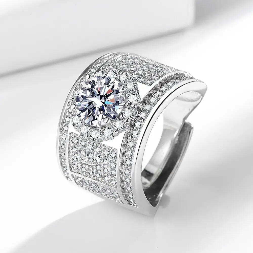 Ingrosso anelli regolabili di lusso gioielli Full Diamond Wide Edition da uomo rame argento placcato due carati 8MM anelli aperti