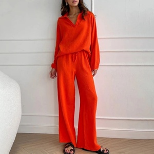 100% Cotton Elegant Women's Casual Solid Pattern <strong>Two</strong>-Piece <strong>Set</strong> Long-Sleeved Top with Drawstring Trousers - Product Image 6
