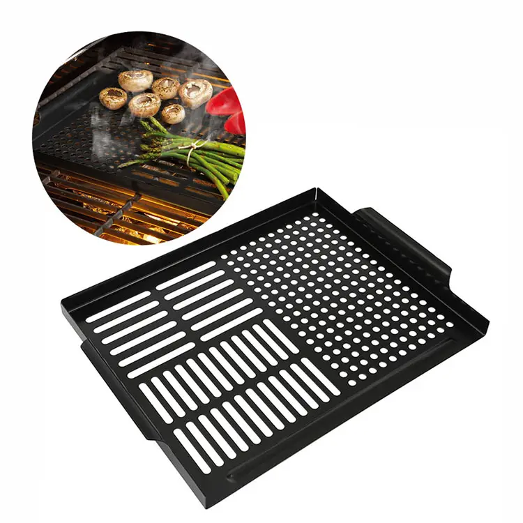 Metal antiadherente verduras barbacoa parrilla cesta ranurada barbacoa cocina Wok Pan Grill Topper para acampar al aire libre