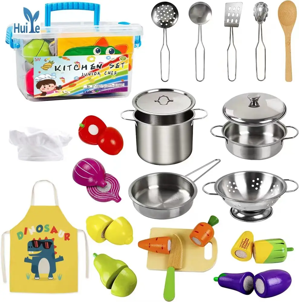 Huiye 23Pcs Finja Jogar Utensílios De Aço Inoxidável Cozinha De Madeira Brinquedos Diversão Indoor Play House Brinquedos Crianças Jogando Cozinha Brinquedos Set